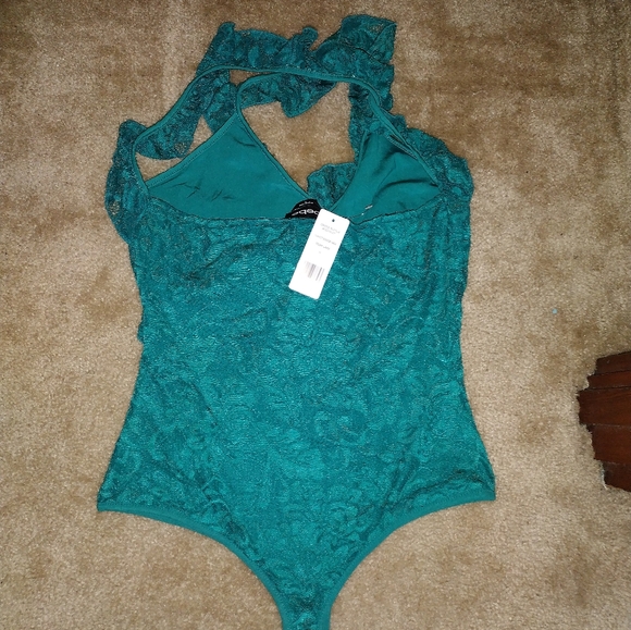 Bebe Ruffle Cross Thong Bodysuit Deep Lake size M, NWT - Picture 2 of 7